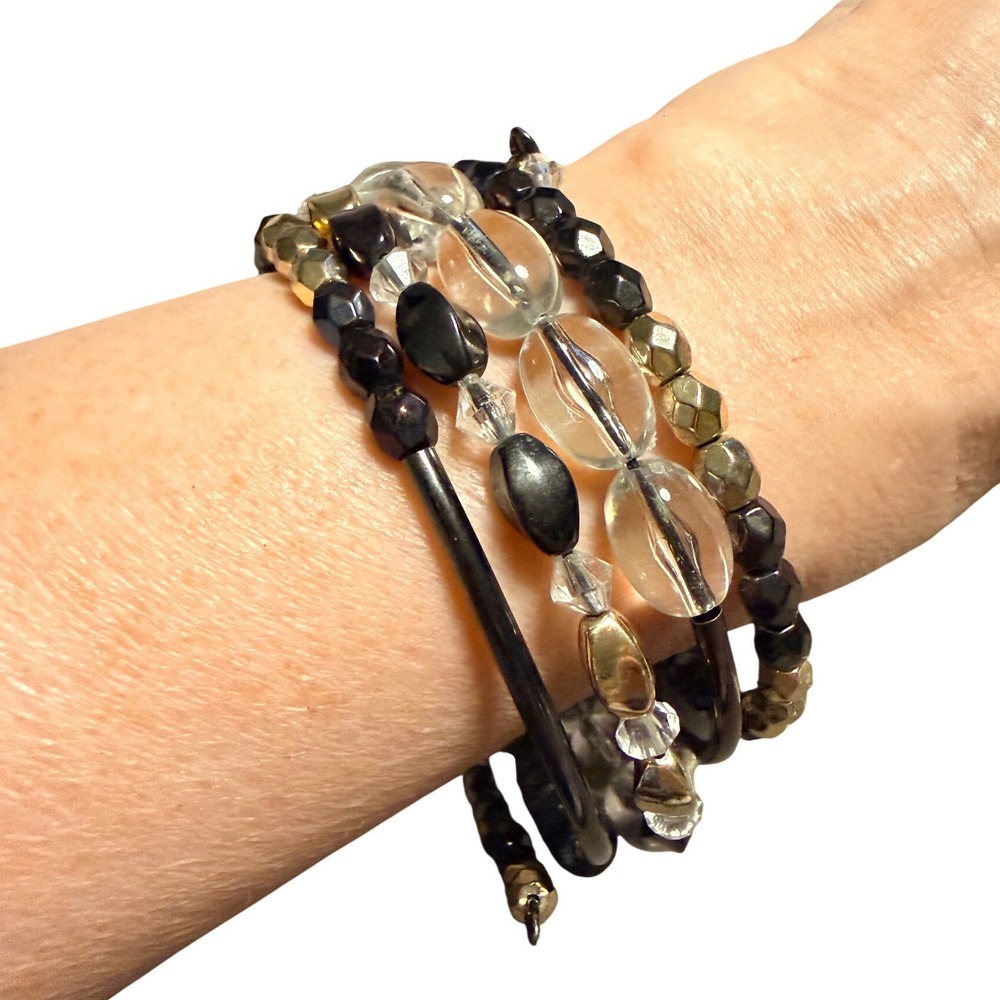 Womens Beaded Memory Wire Wrap Bracelet Black Gold Clear Faux Pearl Stacked Coil